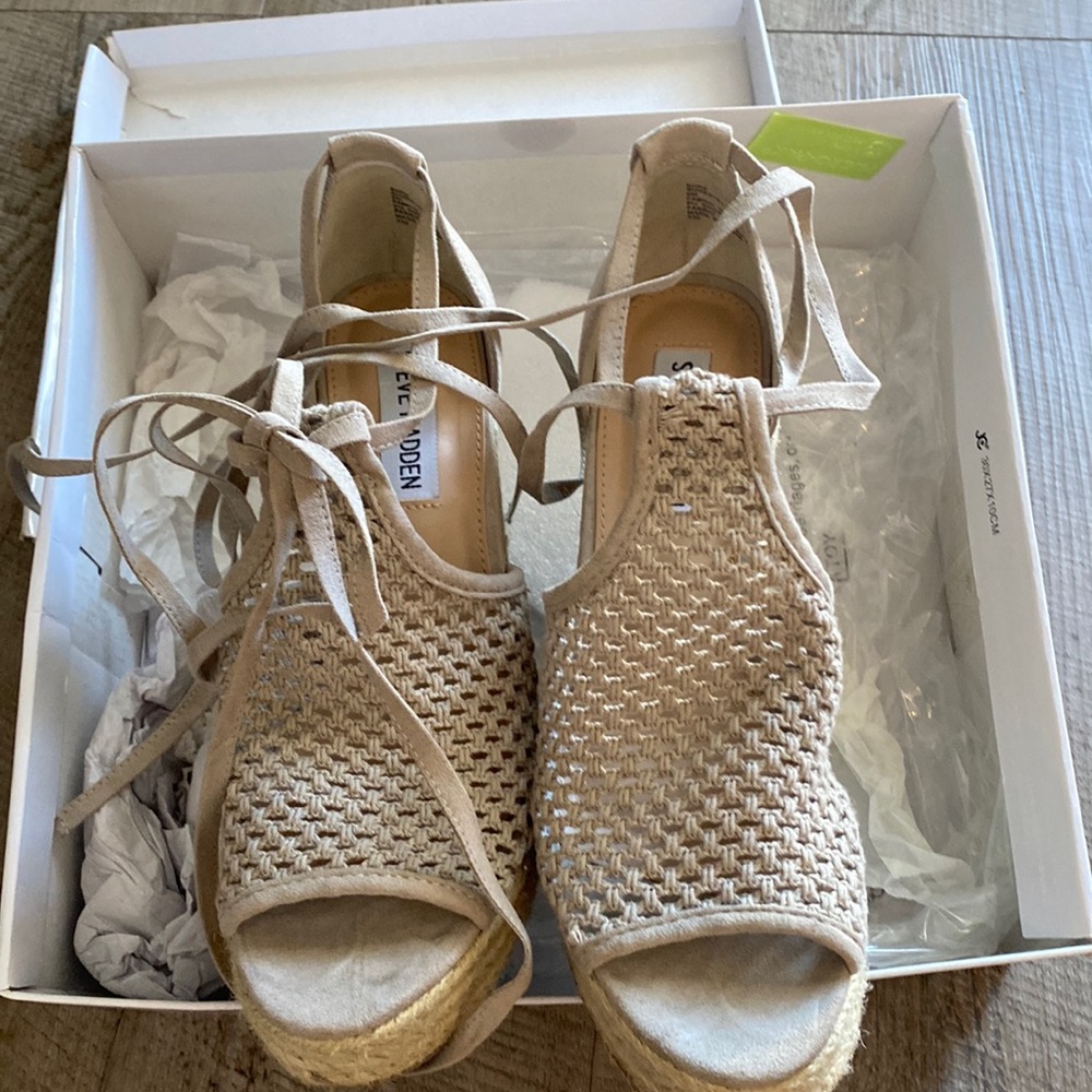 Steve Madden Womens Bambino Espadrille Wedge Heels Shoes Grey Lace Up Woven 6